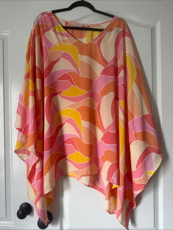 Belle by Kim Gravel Tops - Belle by Kim Gravel Pink Orange Yellow Wave-Print Poncho Size 4X